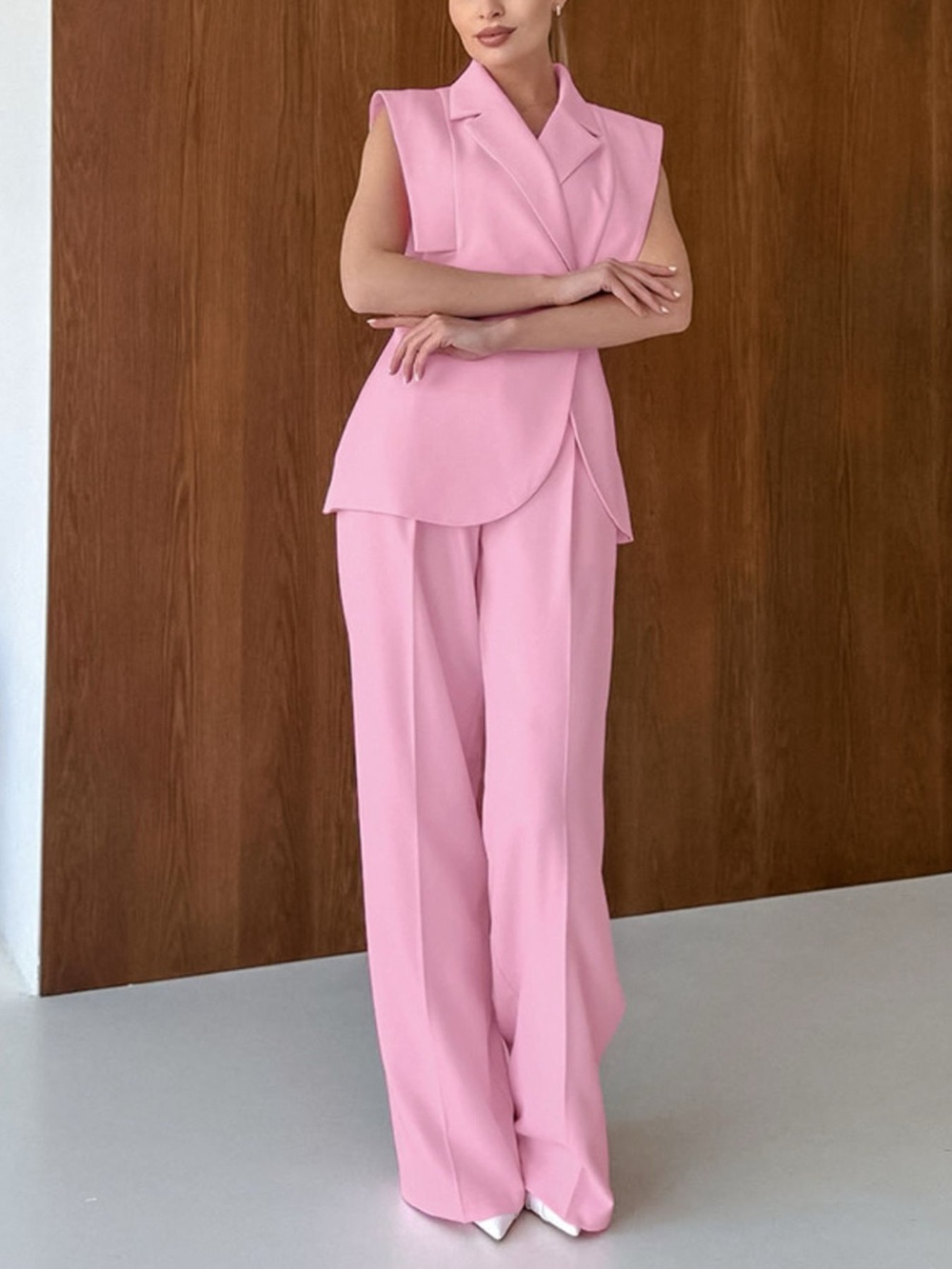 Sleeveless Blazer and Wide-Leg Pants Two-Piece Set